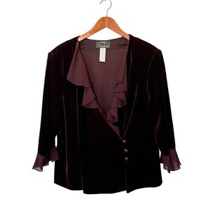 Alex Evenings Burgundy Velvet Ruffle Top 2X Sheer Trim Holiday Party Blouse